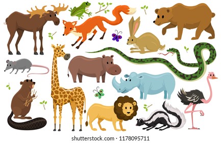 Cute wild animals for baby. Wild giraffe moose camel and deer, rhinoceros. hare, wolf and bear with lion and tiger. vintage world. Cartoon vector.