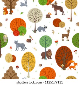 Cute wild animals and birds between autumn trees. Fox, moose, deer, bear, squirrel, raccoon, hedgehog and others. Trees and leaves, grass and mushrooms.