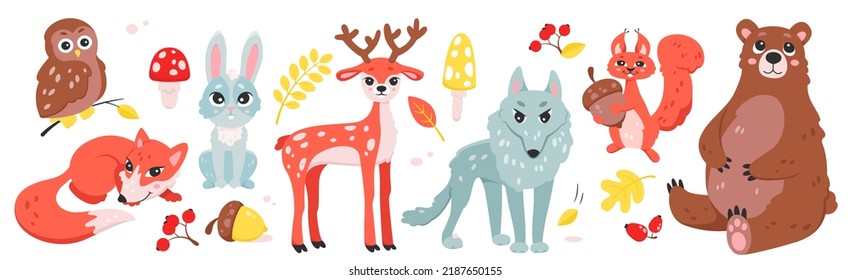 Cute wild animals and birds set vector illustration. Cartoon isolated forest characters with autumn berry fruit on plants and mushrooms, squirrel with acorn and deer, fox and wolf, owl and bear