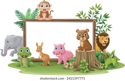 Cute wild animals cartoon with blank board