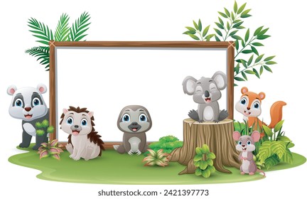 Cute wild animals cartoon with blank board