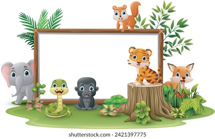 Cute wild animals cartoon with blank board