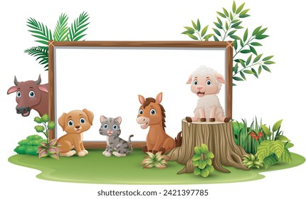 Cute wild animals cartoon with blank board