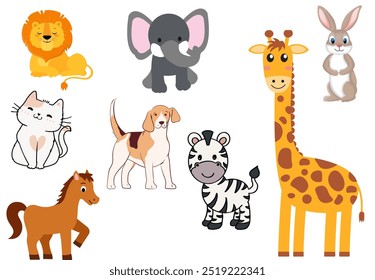 Animais selvagens bonitos cartoon. girafa, elefante, tigre, coelho, cavalo, zebra, cão, gato