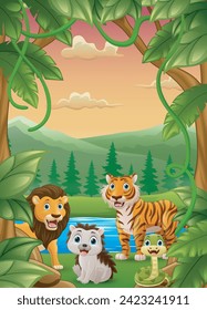 Cute wild animals cartoon in the jungle
