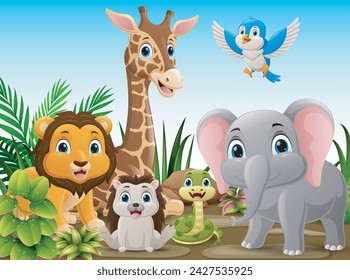 Cute wild animals cartoon in the jungle