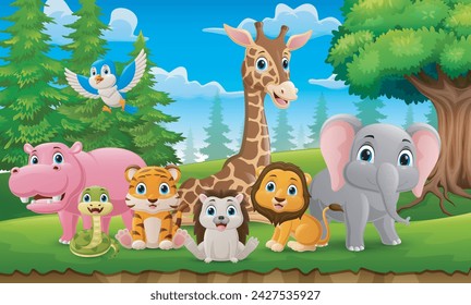 Cute wild animals cartoon in the jungle