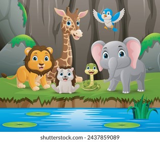 Cute wild animals cartoon in the jungle