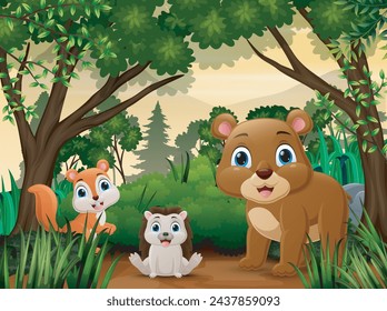 Cute wild animals cartoon in the jungle