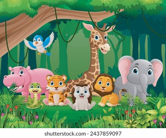 Cute wild animals cartoon in the jungle