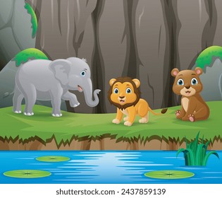 Cute wild animals cartoon in the jungle