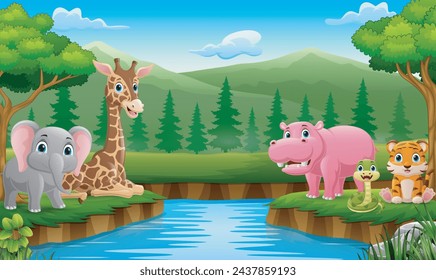 Cute wild animals cartoon in the jungle