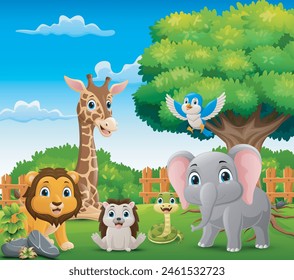 Cute wild animals cartoon in the jungle