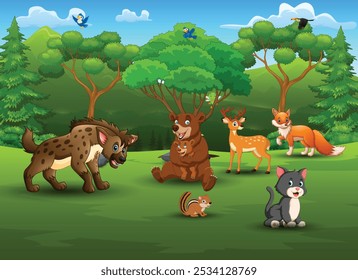 Cute wild animals cartoon in the landscape background