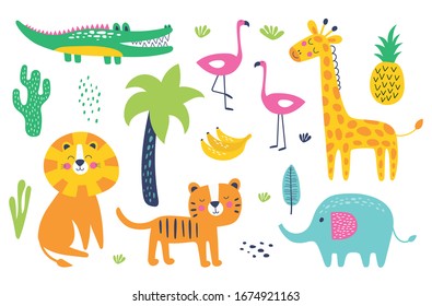 Cute wild animals. Cartoon animals.  Lion, tiger, 
elephant, crocodile,  giraffe, flamingo. Vector illustrations