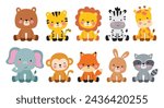 Cute wild animals cartoon sitting vector illustration. Baby shower woodland animals illustration.