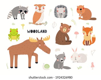 Cute wilde Tiere Clipkunst Sammlung, einzeln auf Weiß. Handgezeichnete Vektorgrafik. Holzelemente setzen sich zusammen. Skandinavisches Flachdesign. Konzept für Kindermode, Stoffdruck, Poster, Karte