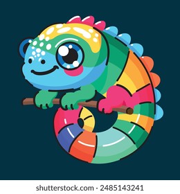 Cute wild animals, Colored chameleon climbing on a wooden branch, Safari jungle animals flat vector illustration