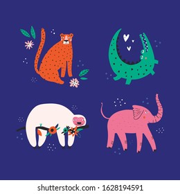Cute wild animals flat vector illustrations set