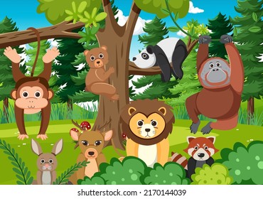 Cute wild animals in the forest illustration