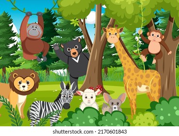 Cute wild animals in the forest illustration