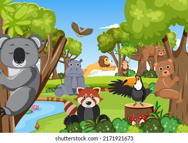 Cute wild animals in the forest illustration