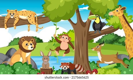 Cute wild animals in the forest illustration