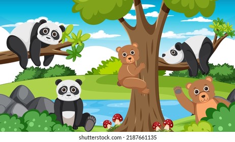 Cute wild animals in the forest illustration