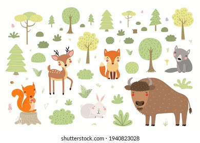 Escena de animales salvajes, paisaje de bosques