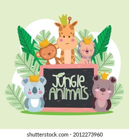 cute wild animals holding blank board