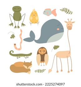 Animales salvajes. Incluyendo jirafa, ballena, pescado, búho, lagarto, zorro, rana, pollo. Conjunto de caracteres de doodle en estilo escandinavo aislados en fondo blanco