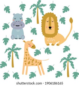 Cute wild animals in the jungle with tropical plants and palms. Ideal for the cover of notebooks, postcards and any designs for kids textiles 