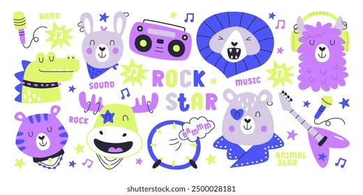 Lindos animales salvajes estrella de rock banda de música vocal e instrumentos musicales de Ilustración vectorial festiva colorida. Divertido zoológico y bosque salvaje criatura músicos personajes retrato de diseño colorido