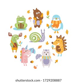 Cute Wild Animals of Round Shape, Snail, Moose, Unicorn, Bear, Raccoon, Hedgehog, Frog Forest Animals Banner Template Vector Illustration