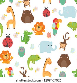 Cute wild animals seamless pattern background vector.