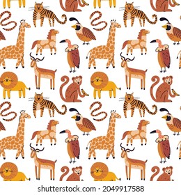 Cute wild animals seamless pattern. Cartoon tiger, monkey, lion, impala, horse, snake, vulture, quail doodle drawings on white background. Flat african animals textile vector print design