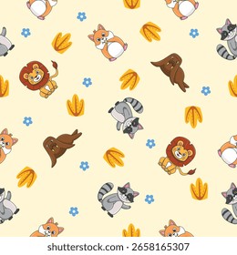 Animais selvagens bonitos padrão sem costura para decoração de chuveiro de bebê, impressão de berçário, papel de parede de jardim de infância, tecido e têxtil. Ilustração vetorial