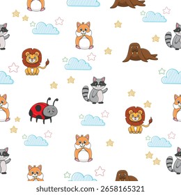 Animais selvagens bonitos padrão sem costura para decoração de chuveiro de bebê, impressão de berçário, papel de parede de jardim de infância, tecido e têxtil. Ilustração vetorial