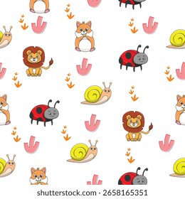 Cute wild animals seamless pattern for baby shower decor, nursery print, kindergarteen wallpaper, fabric, and textile. Vector illustration