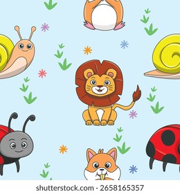 Cute wild animals seamless pattern for baby shower decor, nursery print, kindergarteen wallpaper, fabric, and textile. Vector illustration