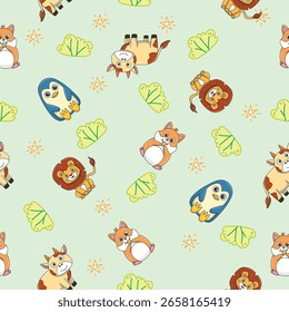 Animais selvagens bonitos padrão sem costura para decoração de chuveiro de bebê, impressão de berçário, papel de parede de jardim de infância, tecido e têxtil. Ilustração vetorial