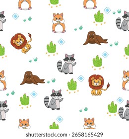 Animais selvagens bonitos padrão sem costura para decoração de chuveiro de bebê, impressão de berçário, papel de parede de jardim de infância, tecido e têxtil. Ilustração vetorial