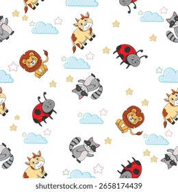 Cute wild animals seamless pattern for baby shower decor, nursery print, kindergarteen wallpaper, fabric, and textile. Vector illustration