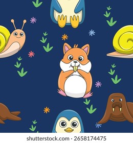 Cute wild animals seamless pattern for baby shower decor, nursery print, kindergarteen wallpaper, fabric, and textile. Vector illustration