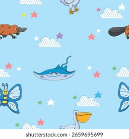 Patrón inconsútil lindo de los animales salvajes para la decoración de la ducha del bebé, impresión del vivero, Fondo de pantalla del jardín de infantes, tela, y materia textil. Ilustración vectorial