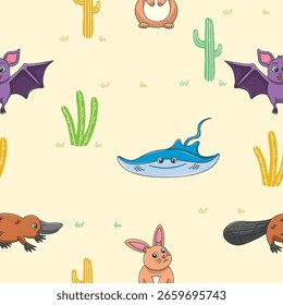 Cute wild animals seamless pattern for baby shower decor, nursery print, kindergarteen wallpaper, fabric, and textile. Vector illustration