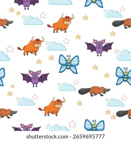 Cute wild animals seamless pattern for baby shower decor, nursery print, kindergarteen wallpaper, fabric, and textile. Vector illustration