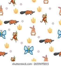 Animais selvagens bonitos padrão sem costura para decoração de chuveiro de bebê, impressão de berçário, papel de parede de jardim de infância, tecido e têxtil. Ilustração vetorial