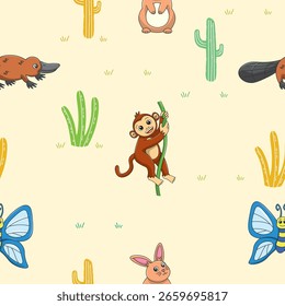 Patrón inconsútil lindo de los animales salvajes para la decoración de la ducha del bebé, impresión del vivero, Fondo de pantalla del jardín de infantes, tela, y materia textil. Ilustración vectorial