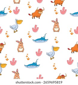 Patrón inconsútil lindo de los animales salvajes para la decoración de la ducha del bebé, impresión del vivero, Fondo de pantalla del jardín de infantes, tela, y materia textil. Ilustración vectorial